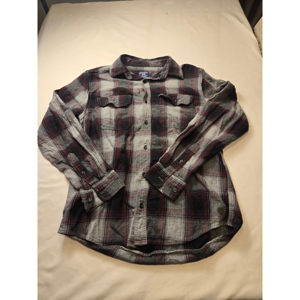 Faded Glory Flannel Shirt Mens Small Grey Burgundy Plaid Excellent Long Sleeve
